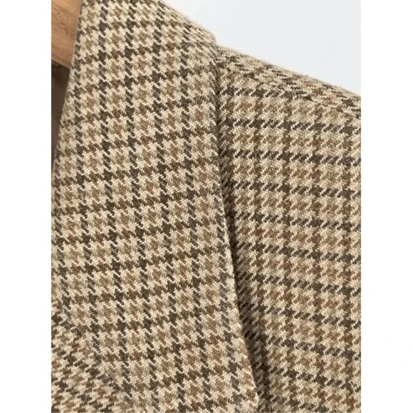 Izod Silk Blazer Sport Coat Suit‎ Jacket Men 43 R Houndstooth Tan Beige Brown